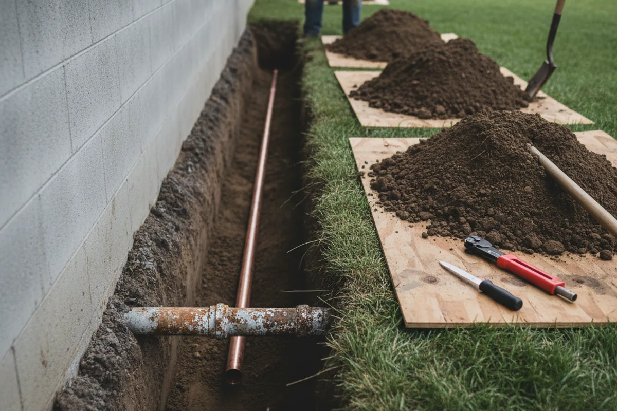 Excavated water line trench during Water Heater Repair in Temecula